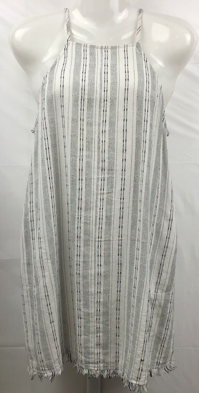 Lush Tunic Top Women Small Beige Stripe Linen Cotton Spagetti Strap Pockets
